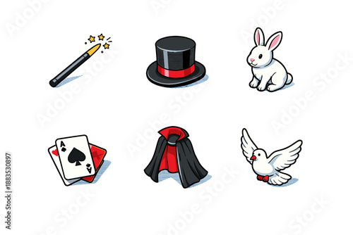 Magic elements set: wand, hat, rabbit, cards, cape, dove in cartoon style