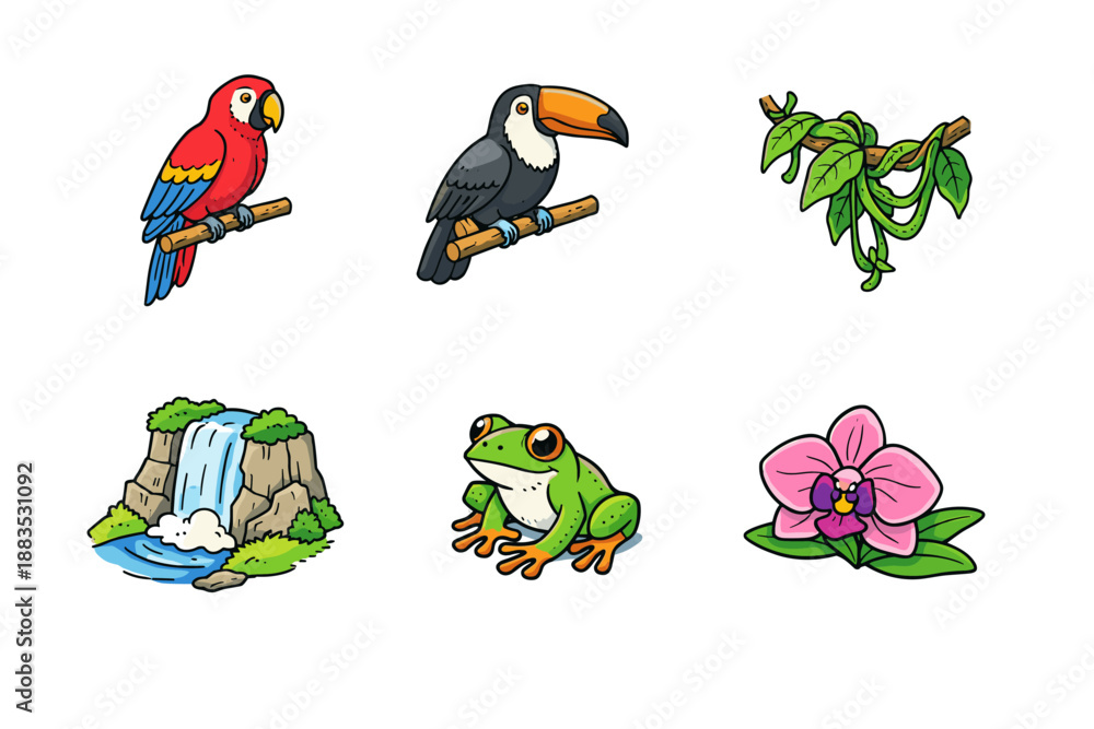 Fototapeta premium Tropical wildlife and nature icons set featuring birds, plants, and flowers