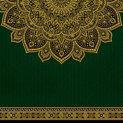 Title: Intricate gold and black mandala pattern on green background with decorative border