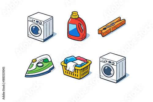 Laundry icons: bold 3d design of washing, ironing, and cleaning essentials for home care