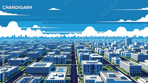 Vector illustration of Chandigarh cityscape showing a planned Indian city with organized blocks, clean roads, and generic modern buildings in flat vector style for urban planning visuals