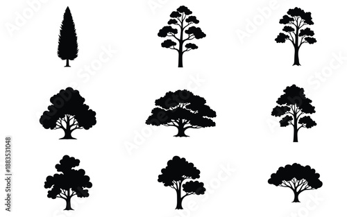 Collection of diverse tree silhouettes