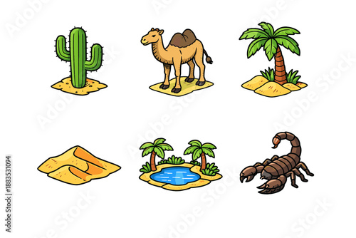 Desert elements set with cactus, camel, and sand in cartoon style