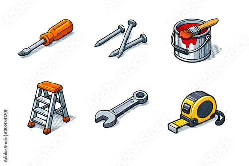 Handy tools collection: screws, paintbrush, ladder, wrench, and tape measure in isometric design