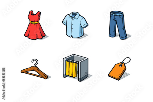 Fashion elements: dress, shirt, jeans, hanger, fitting room, price tag in hand-drawn style