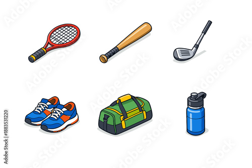 Isometric sports equipment icons: tennis, baseball, golf, shoes, bag, water bottle