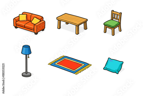 Cozy living room furniture set in isometric style featuring sofa, table, chair, lamp, rug, and cushion