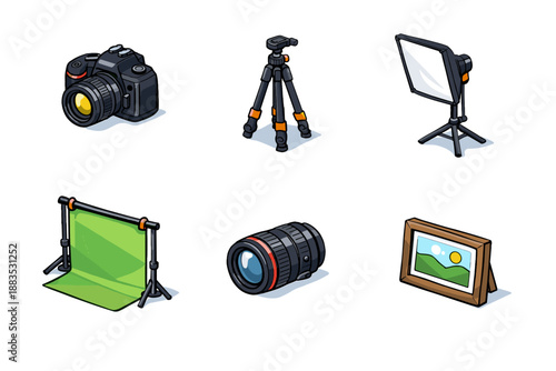 Essential photography equipment icons for creative studios and enthusiasts