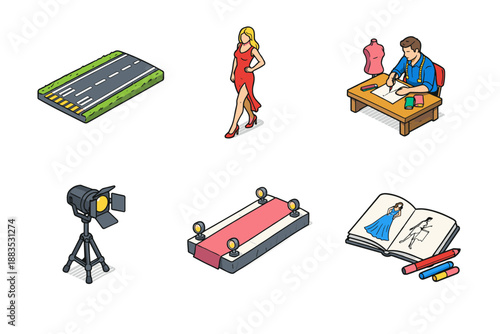 Fashion design and runway elements in isometric style