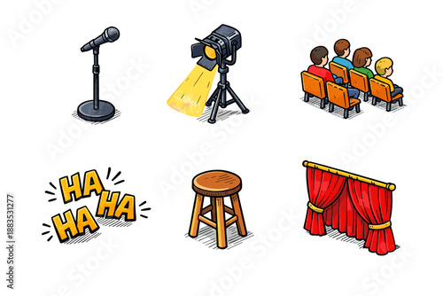Elements of a comedy show: microphone, spotlight, audience, and more