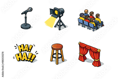Comedy show elements: microphone, spotlight, audience, laughter, stool, curtains
