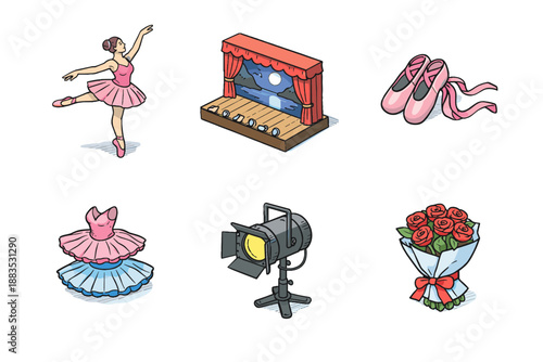 Ballerina and ballet elements in isometric style with stage, pointe shoes, and roses