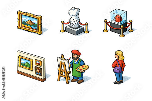 Isometric art museum scene featuring sculptures, paintings, and visitors