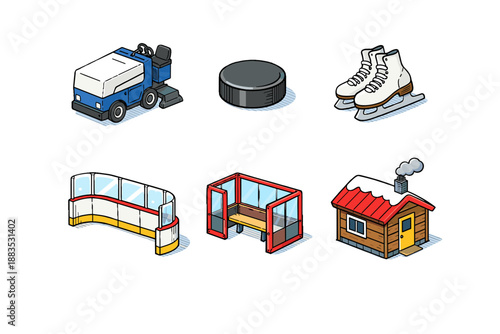 Isometric hockey equipment and rink elements with skates, puck, and rink details