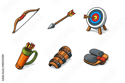 Colorful archery equipment collection: bow, arrow, quiver, armguard, target, finger tab