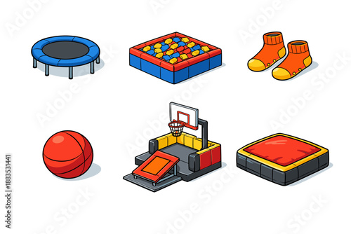 Colorful children's playground equipment set with toys and games on white background