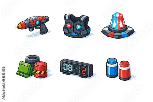 Isometric laser tag equipment set with blaster, vest, and accessories