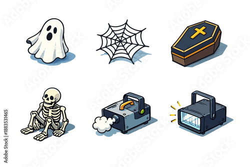 Halloween icons: ghost, coffin, skeleton, and spooky decorations