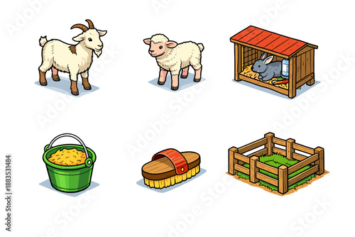 Cute farm animal and equipment set in isometric style