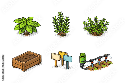 Illustrated herb garden with plants, planter box, labels, and irrigation system