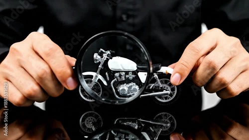 Video, tangible fixed assets background, hands examining 3D motorcycle assets with magnifying glass, investment, lifestyle, vehicles, 