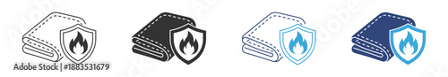 Fire Resistant Fabric Icon Set. Flame Protection Textile Symbols. Heatproof Material, Safety Shield, Protective Cloth, Vector Illustration.