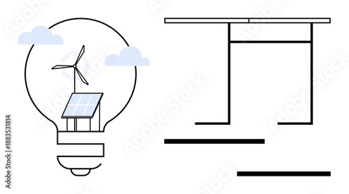 Renewable energy, sustainability, eco-friendly innovations, clean power, modern design, alternative energy. Light bulb housing a wind turbine and solar panel with minimalist line elements. Renewable