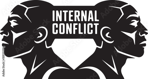 Two stylized human head profiles face away from each other symbolizing internal conflict text