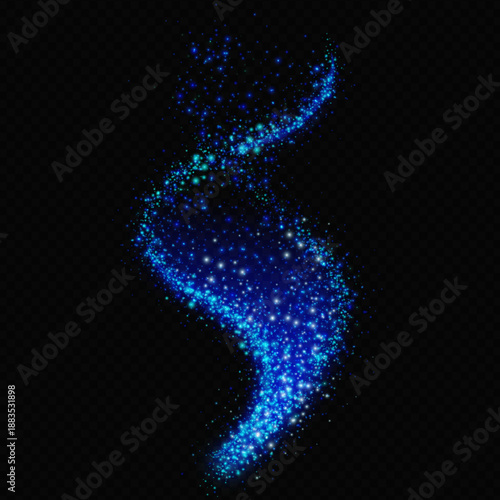 Blue magical particle spiral overlay with glowing light particles on transparent background. High resolution for fantasy artwork, sci fi designs, motion graphics, and digital compositing