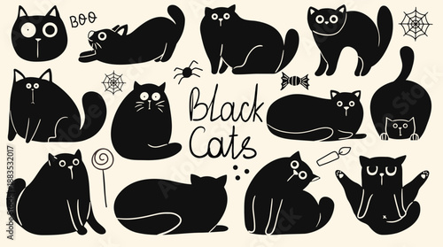 Black cats silhouettes hand-drawn collection. Playful kittens in various poses.  Spooky Halloween elements with animals.