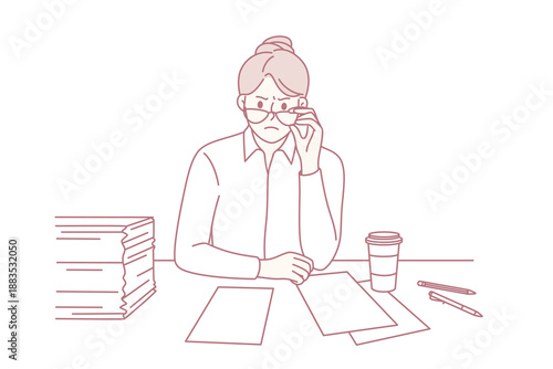 Angry woman boss and indignation concept. Furious angry woman director in glasses sitting and looking at partner with papers and coffee nearby vector illustration