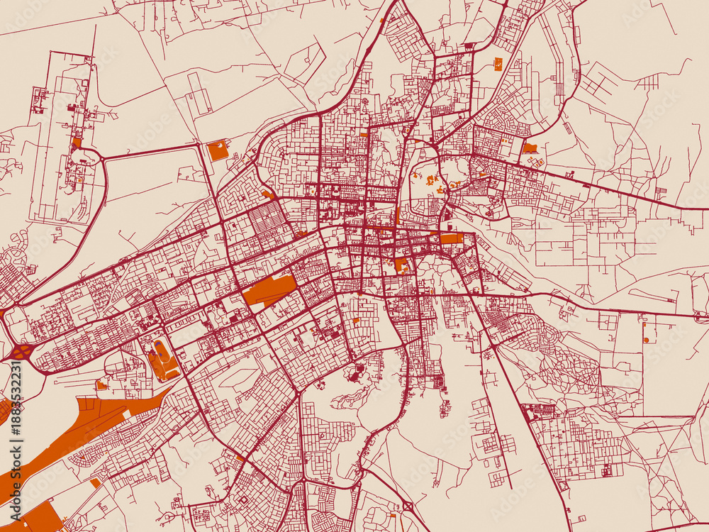 Obraz premium Urban map poster of Al Ain City, United Arab Emirates with soft cream background with burgundy street lines, warm terracotta land blocks and muted violet water