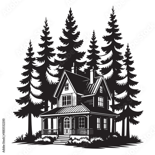 Cabin in the woods surrounded by tall pine trees, vintage illustration, rustic house, classic wooden cottage, forest setting, outdoor living
