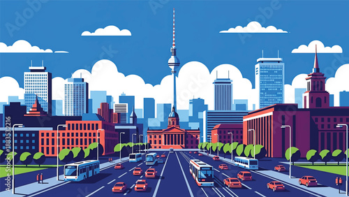 Vector illustration of Berlin cityscape showing a modern European capital skyline with generic contemporary buildings, wide streets, and urban lifestyle atmosphere in flat solid colors for travel and 