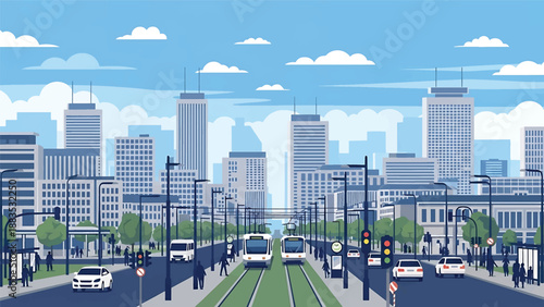 Vector illustration of Berlin cityscape showing a modern European capital skyline with generic contemporary buildings, wide streets, and urban lifestyle atmosphere in flat solid colors for travel and 