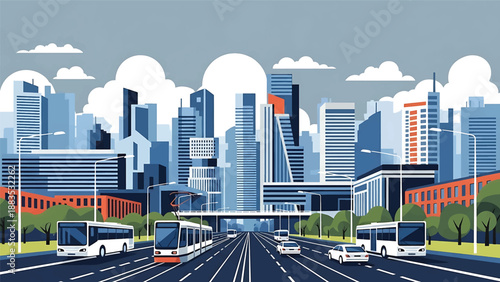 Vector illustration of Berlin cityscape showing a modern European capital skyline with generic contemporary buildings, wide streets, and urban lifestyle atmosphere in flat solid colors for travel and 