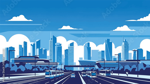 Vector illustration of Berlin cityscape showing a modern European capital skyline with generic contemporary buildings, wide streets, and urban lifestyle atmosphere in flat solid colors for travel and 