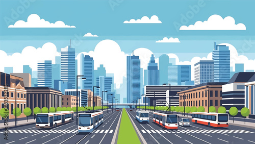 Vector illustration of Berlin cityscape showing a modern European capital skyline with generic contemporary buildings, wide streets, and urban lifestyle atmosphere in flat solid colors for travel and 