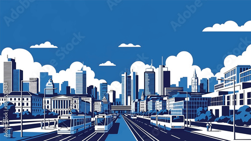 Vector illustration of Berlin cityscape showing a modern European capital skyline with generic contemporary buildings, wide streets, and urban lifestyle atmosphere in flat solid colors for travel and 