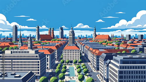 Vector illustration of Munich cityscape presenting a modern German city with generic rooftops, green parks, and clean urban skyline in flat solid colors for travel, culture, and lifestyle backgrounds