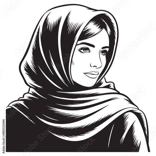 Portrait engraving style illustration of beautiful muslim woman wearing hijab scarf looking away with detailed shading Vector Art