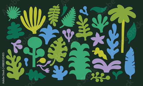 Collection of summer tropical flora. Stickers exotic tropical leaves, jungle plants, palm trees, monstera leaves and flowers. Set of vector leaves in cartoon doodle simple cutout style. 