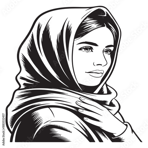 Portrait engraving style illustration of beautiful muslim woman wearing hijab scarf looking away with detailed shading