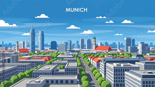 Vector illustration of Munich cityscape presenting a modern German city with generic rooftops, green parks, and clean urban skyline in flat solid colors for travel, culture, and lifestyle backgrounds