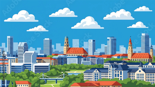 Vector illustration of Munich cityscape presenting a modern German city with generic rooftops, green parks, and clean urban skyline in flat solid colors for travel, culture, and lifestyle backgrounds
