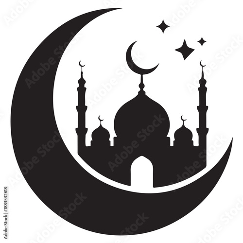 Silhouette of mosque dome and minarets inside crescent moon with stars representing islamic celebration or religious holiday background Vector Art