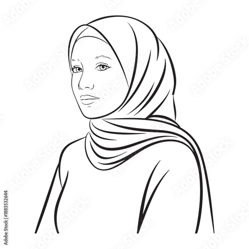 Simple line art drawing of modest muslim woman wearing hijab scarf with clean outline for elegant feminine design