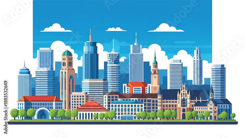 Vector illustration of Munich cityscape presenting a modern German city with generic rooftops, green parks, and clean urban skyline in flat solid colors for travel, culture, and lifestyle backgrounds
