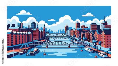 Vector illustration of Hamburg cityscape featuring a waterfront German city with generic port buildings, bridges, river elements, and modern skyline in flat vector style for travel and business themes
