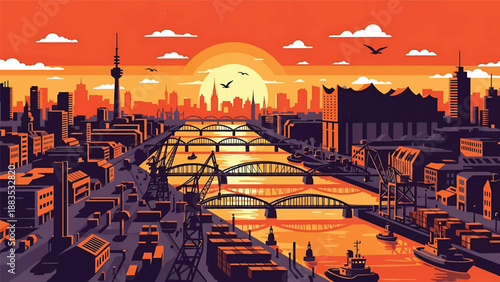 Vector illustration of Hamburg cityscape featuring a waterfront German city with generic port buildings, bridges, river elements, and modern skyline in flat vector style for travel and business themes